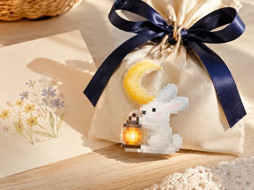 Moon Rabbit Gift Tag finished fuse bead piece and project scene