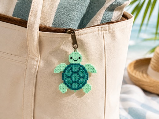 Sea Turtle Bag Charm finished fuse bead piece and project scene