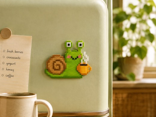 Slow Morning Snail Magnet finished fuse bead piece and project scene