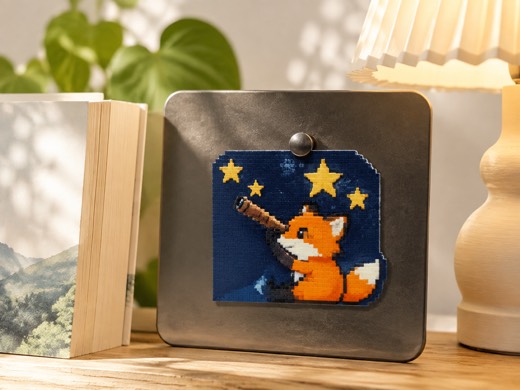 Stargazing Fox Desk Magnet finished fuse bead piece and project scene